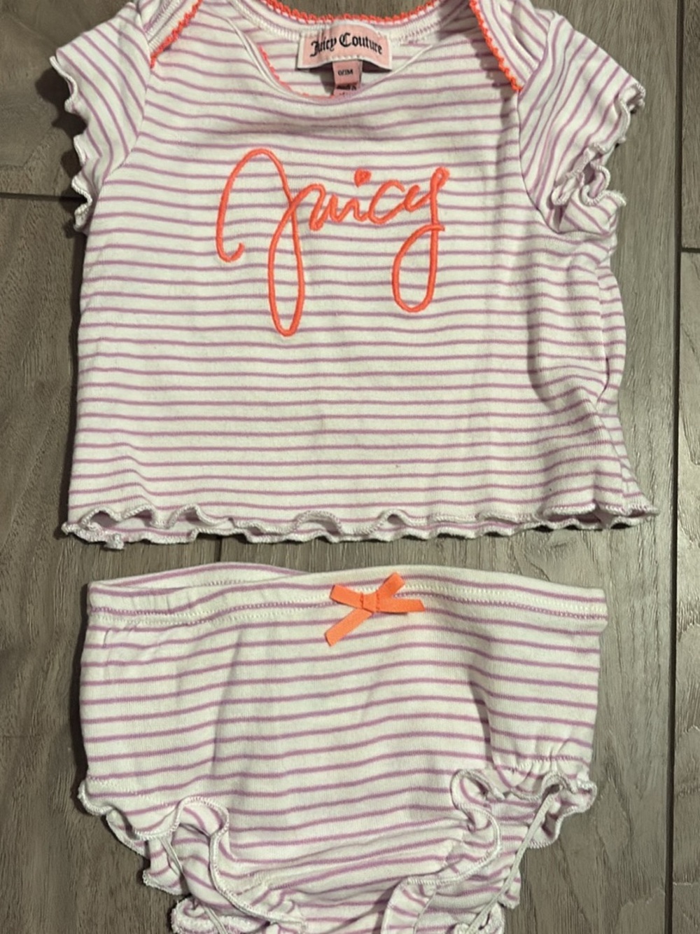 Juicy Couture White and Light Pink Striped Baby Two-Piece Set with Coral Logo